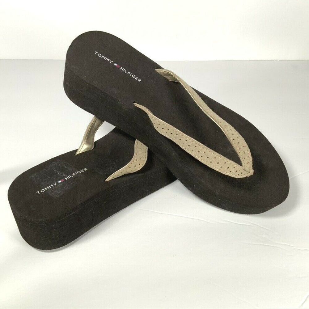 Tommy Hilfiger Sandals Womens 10 Brown Lounge Platform Wedge Flip Flops Shoes